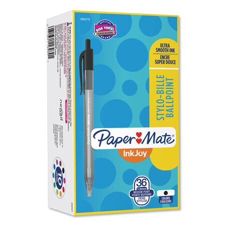 Paper Mate InkJoy 100 RT Ballpoint Pen, Med 1mm, Blk Ink, Gray Barrel, PK36 2083770